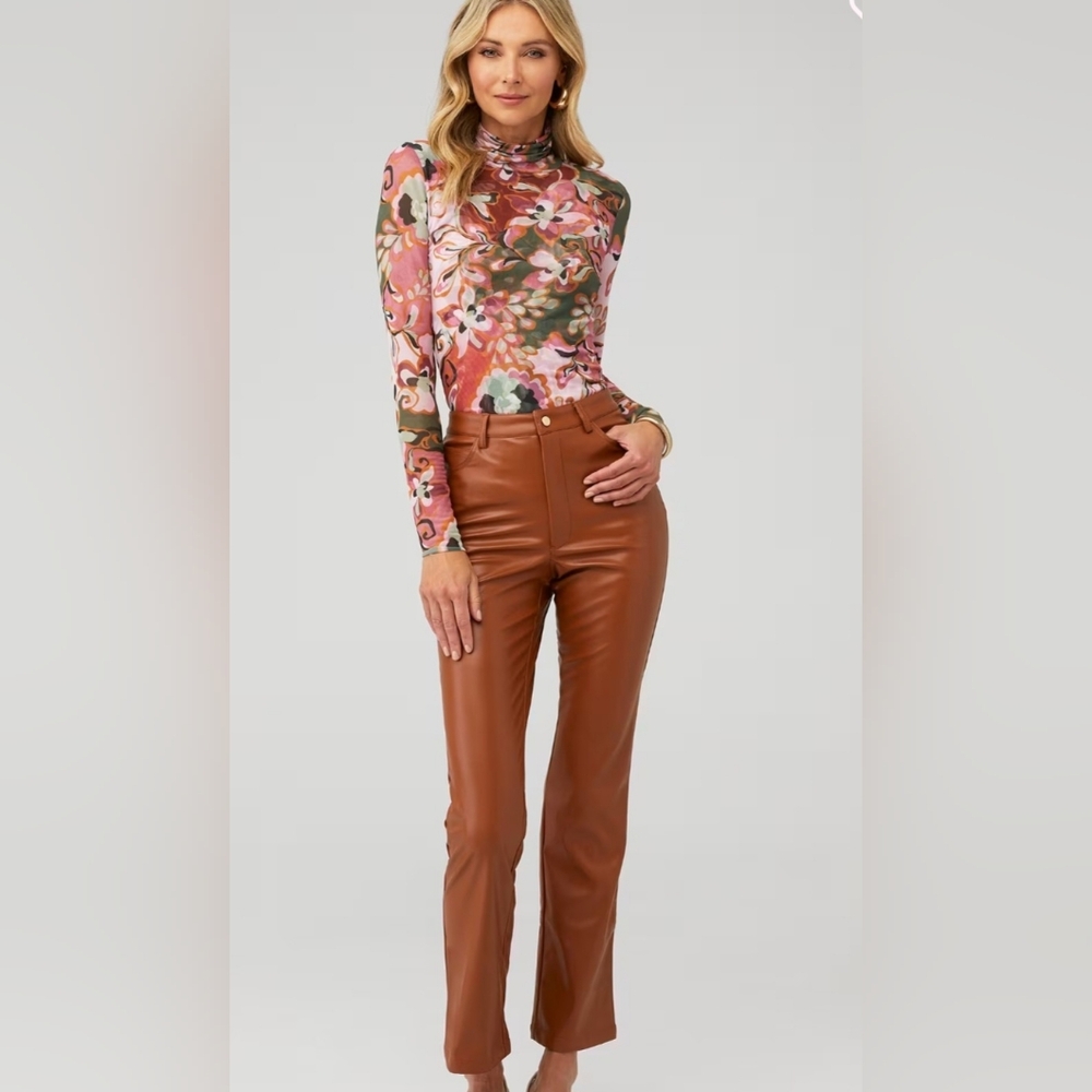 Misa Los Angeles Nadja Pink Floral Mesh Fitted Turtleneck Long Sleeve Blouse - Picture 11 of 12